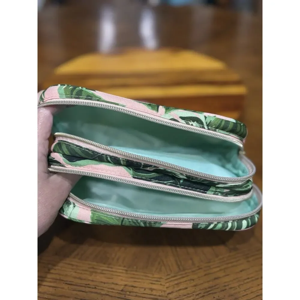 Sophia Joy Fabric Tropical Leaf Print Double Zip Makeup Bag, Green/Pink